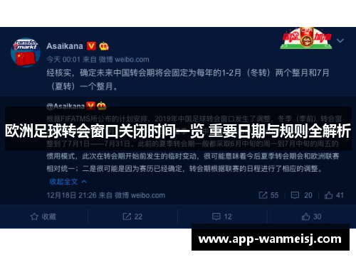 欧洲足球转会窗口关闭时间一览 重要日期与规则全解析